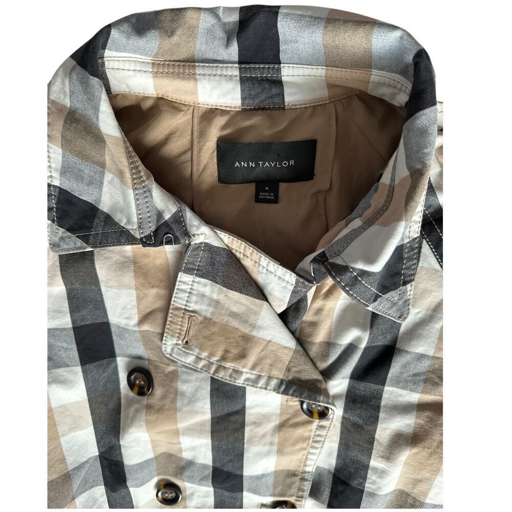 Ann Taylor Medium Weekend Collection tan black cream Plaid Short Trench Coat​ - Picture 10 of 11